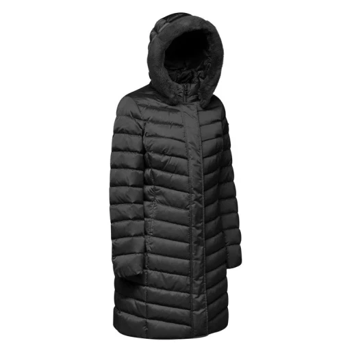 Geox Bettanie Woman's Longline Padded Puffer Jacket in Black, Featuring a Protective Hood with Faux Fur Trim, Flared Feminine Cut, and Crafted from Refined Satin Fabric, Size 38 - Geox - Image 5