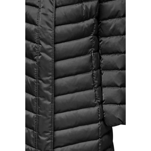 Geox Bettanie Woman's Longline Padded Puffer Jacket in Black, Featuring a Protective Hood with Faux Fur Trim, Flared Feminine Cut, and Crafted from Refined Satin Fabric, Size 38 - Geox - Image 6
