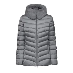 Geox Bettanie Woman's Padded Puffer Jacket in Grey, Size 38, with Faux Fur Collar and Satin Fabric, Casual Chic Style, Flared Silhouette for Women