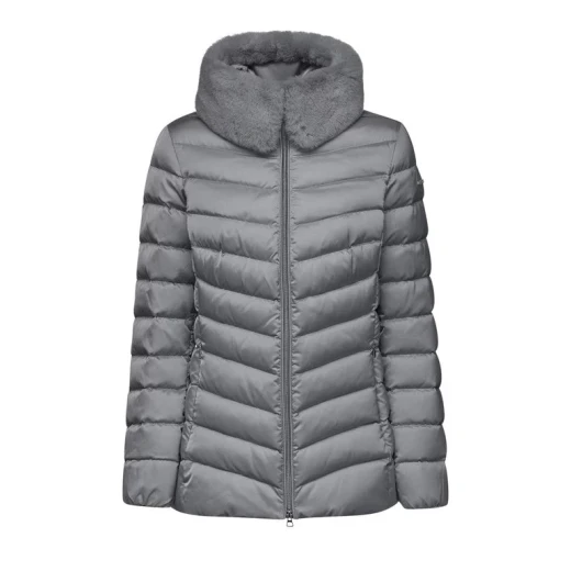 Bettanie Woman Puffer Jacket Grey 40 Satin Fabric Faux Fur Collar - Image 2