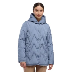 Plummery Down Jacket Woman Faded Denim Size 38 Detachable Hood Water Repellent Wind Blocking Crinkled Nylon Mid Length Winter Coat for City Living