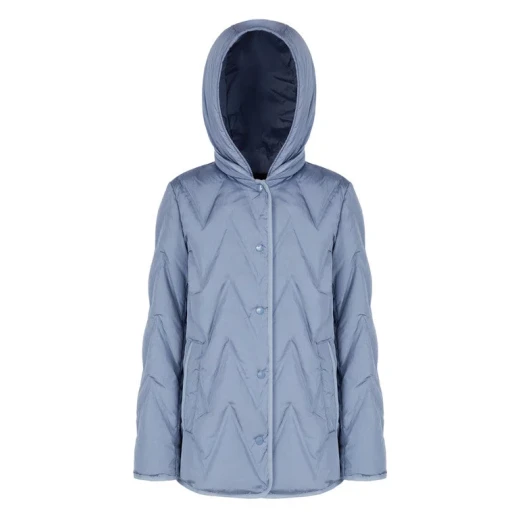 Plummery Down Jacket Woman Faded Denim Size 38 Detachable Hood Water Repellent Wind Blocking Crinkled Nylon Mid Length Winter Coat for City Living - Plummery - Image 3