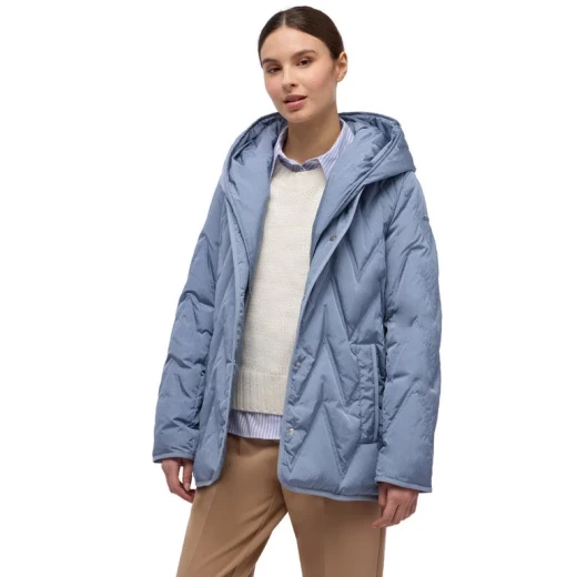 Plummery Down Jacket Woman Faded Denim Size 38 Detachable Hood Water Repellent Wind Blocking Crinkled Nylon Mid Length Winter Coat for City Living - Plummery - Image 4