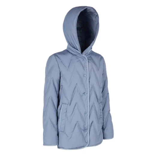 Plummery Down Jacket Woman Faded Denim Size 38 Detachable Hood Water Repellent Wind Blocking Crinkled Nylon Mid Length Winter Coat for City Living - Plummery - Image 5