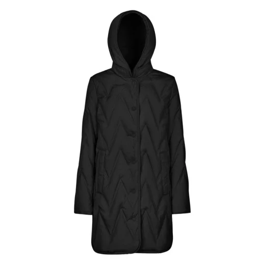 Nobis Plummery Jacket Woman Black Size 44 Waterproof Crinkled Nylon Down Coat Detachable Hood Recycled Lining Regenerated Down Fill Wind and Rain Protection Urban Aesthetic