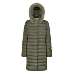 Bettanie Women's Longline Down Jacket Grape Leaf Size 38 Satin Winter Coat with Sustainable Padding and Fur Trim Hood Elegant City Style for Winter Days