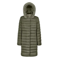 Bettanie Women's Longline Down Jacket Grape Leaf Size 38 Satin Winter Coat with Sustainable Padding and Fur Trim Hood Elegant City Style for Winter Days
