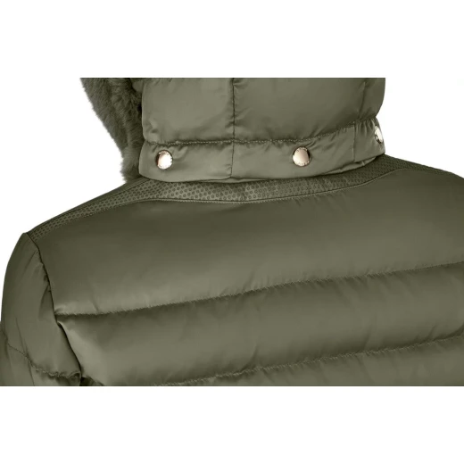 Bettanie Women's Longline Down Jacket Grape Leaf Size 38 Satin Winter Coat with Sustainable Padding and Fur Trim Hood Elegant City Style for Winter Days - Image 5