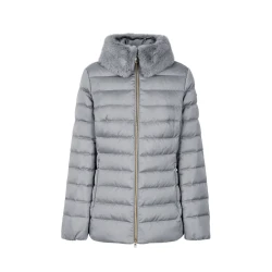 BETTANIE Woman's Down Jacket with Fur Trim, Grey Color, Size 38, Hip Length, Satin Fabric, Recycled Padding, Stylish Protection for City Days, Elegant Design, Female Aesthetic