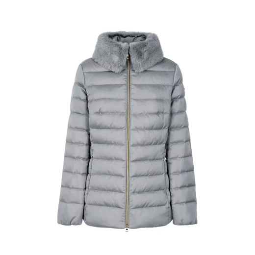BETTANIE Woman's Down Jacket with Fur Trim, Grey Color, Size 38, Hip Length, Satin Fabric, Recycled Padding, Stylish Protection for City Days, Elegant Design, Female Aesthetic - Geox - Image 2