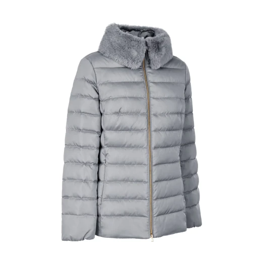 Bettanie Woman Down Jacket Grey Satin Recycled Padding Fur Trim 42 - Image 3