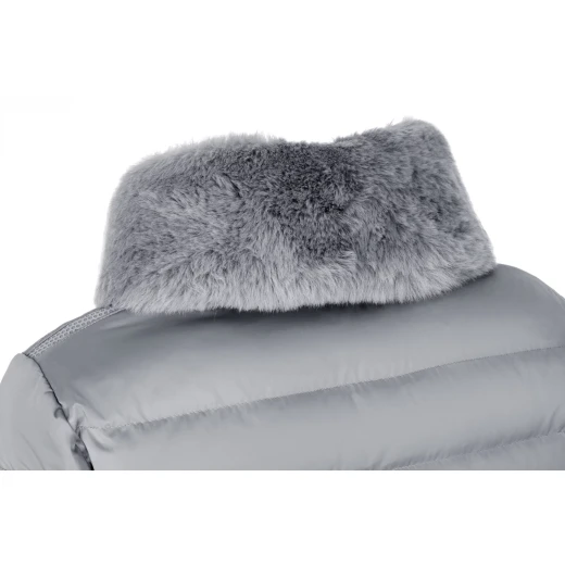 Bettanie Woman Down Jacket Grey Satin Recycled Padding Fur Trim 42 - Image 4