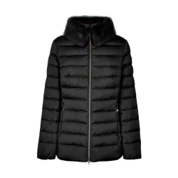 Bettanie Jacket Woman Black Satin Down Filled Winter Coat with Fur Trim 44 for Stylish Protection and Feminine Aesthetic