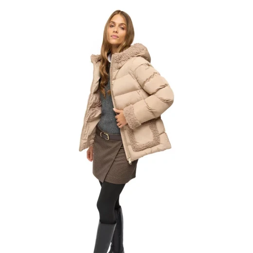 VILDE Jacket Woman Natural 42 Recycled Polyester Parka Windproof Water Repellent Winter Outerwear with Teddy Fur Detailing Sustainable Lining and Padding for Cold Weather - Geox - Image 6