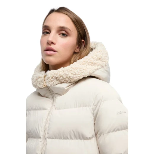 VILDE Jacket Woman Recycled Polyester Parka with Teddy Fur Detailing Windproof Water Repellent Winter Outerwear Size 44 Mid Moonbeam - Geox - Image 4