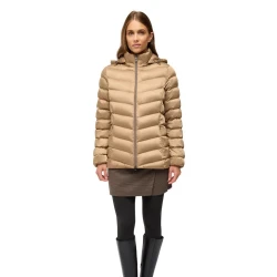 Zosma Women's Short Jacket in Coffee Satin, Size 42, with Detachable Hood, Wind and Rain Resistant, Crafted from Recycled Materials, Feminine Silhouette for Cold Weather Style