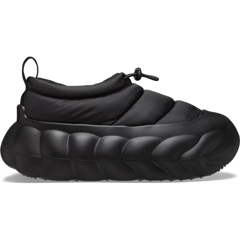 Overpuff Shorty Unisex Boots with Quilted Puff Upper for Warmth, Bungee Toggle Adjustment, and Bold Outsole Design in Black, Size 37-38. Functional, Fashionable Footwear - Crocs