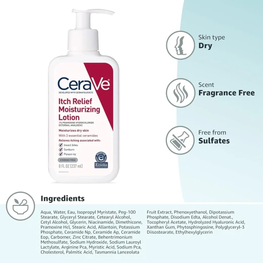 CeraVe Itch Relief Moisturizing Lotion 8 Ounce for Fast Itch Relief, Featuring Pramoxine Hydrochloride, Soothes Skin Irritations, Sunburn, and Bug Bites, Dermatologist Recommended 237 ml - CeraVe - Image 5