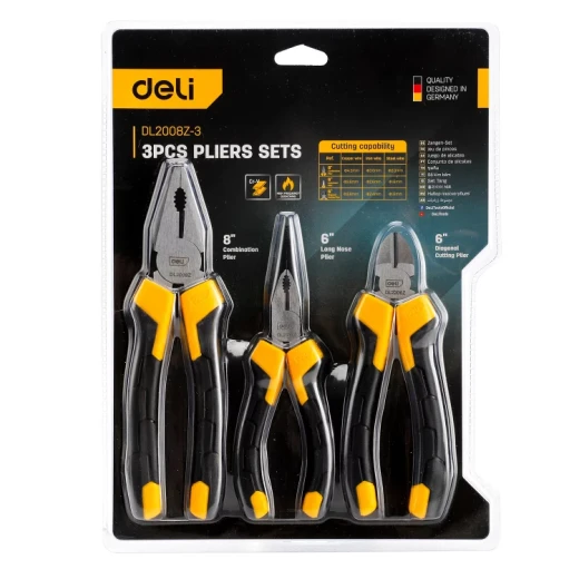 Deli EDL2008Z 3 Piece Pliers Set, Crafted From Durable Steel for Professional Use, Includes Long Nose, Combination, and Diagonal Pliers, Essential Tool Kit