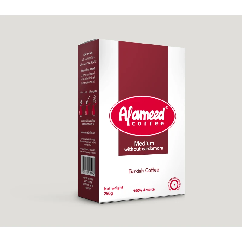 Al Ameed Coffee Medium Turkish Coffee Without Cardamom 250g Bag: Authentic Blend for a Rich and Flavorful Coffee Experience. Enjoy a Smooth and Traditional Brew.