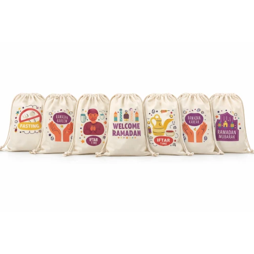 Ramadan Fabric Drawstring Pouches Set of 12, Assorted Designs, Reusable Gift Bags - Image 2