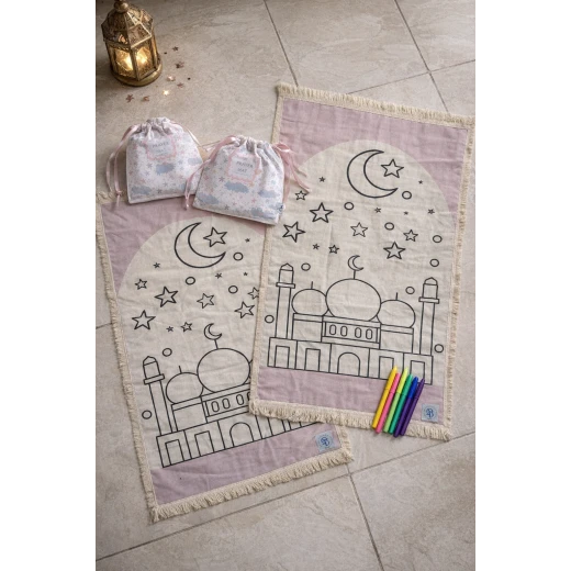 Kids Ramadan Coloring Prayer Mat Blue, Washable, Portable, Gift Set - Image 2