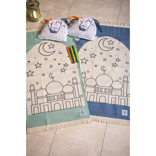 Kids Ramadan Coloring Prayer Mat Blue, Washable, Portable, Gift Set - Image 3