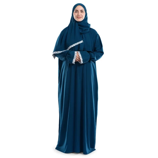 أردني للسجاد الحضري ملابس صلاة إسلامية من الكريب باللون الأزرق تصميم قطعة واحدة تغطية كاملة قابلة للتنفس - اربن رجز - Image 2