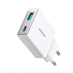 شاحن جداري جوي روم JR-TCF14 فائق النحافة 20 واط بمنفذي USB-A و USB-C أبيض - جوي روم