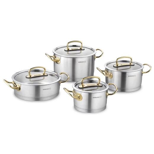 Korkmaz Proline 4-Piece Stainless Steel Cookware Set with Glass Lids Gold Handles Induction Compatible Korkmaz Proline 4-Piece Stainless Steel Cookware Set with Glass Lids Gold Handles Induction Compatible