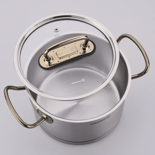 Korkmaz Proline 4-Piece Stainless Steel Cookware Set with Glass Lids Gold Handles Induction Compatible - Korkmaz - Image 2