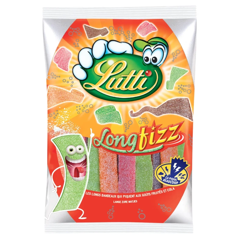 Lutti Longfizz Sour Fruity and Cola Flavored Candy Strips 200g Bag - Lutti
