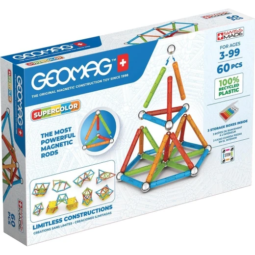 Geomag Supercolor Recycled Magnetic Construction Set 60 Piece 100% Recycled Plastic Building Kit White Educational Toy For Kids Ages 5+ Promotes Creativity and STEM Learning