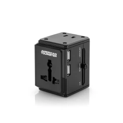 محول السفر العالمي من أمريكان توريستر، 3 منافذ USB، أسود، محول طاقة صغير الحجم