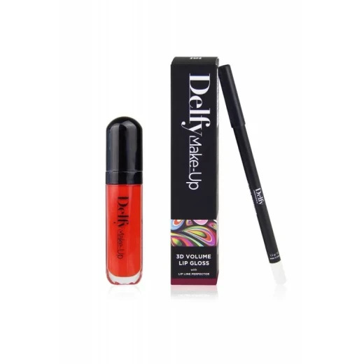 Delfy 3D Volume Lip Gloss with Lip Line Perfector Pomegranate for Fuller Looking Lips Rich Glossy Finish