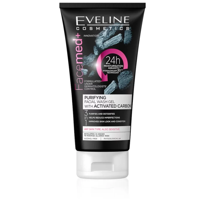 غسول جل الوجه المنقي من إيفلين Facemed بالكربون النشط للبشرة الدهنية والمعرضة للمعان 150 مل - EVELINE