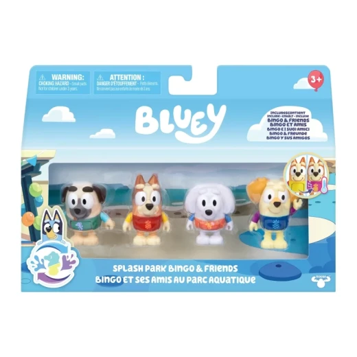 Bluey Colour Change Splash Park Bingo & Friends 4-Pack Series 13, featuring 4 characters with accessories inspired by a water splash park, with colour-changing effect for fun, interactive, and imaginative play for kids Bluey Colour Change Splash Park Bingo & Friends 4-Pack Series 13, featuring 4 characters with accessories inspired by a water splash park, with colour-changing effect for fun, interactive, and imaginative play for kids