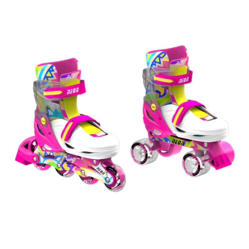Neon Combo Skates 2-in-1 (Size 3-6) – Adjustable Roller and Inline Skates for Kids – Pink/Yellow - Yvolution