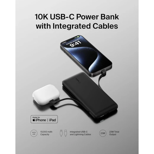 شاحن بيلكين محمول 10000 مللي أمبير في الساعة مع كابلات Lightning و USB-C - أسود - بيلكين - Image 2
