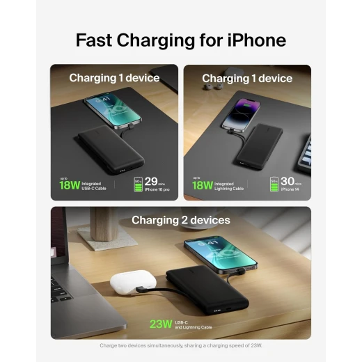 شاحن بيلكين محمول 10000 مللي أمبير في الساعة مع كابلات Lightning و USB-C - أسود - بيلكين - Image 3