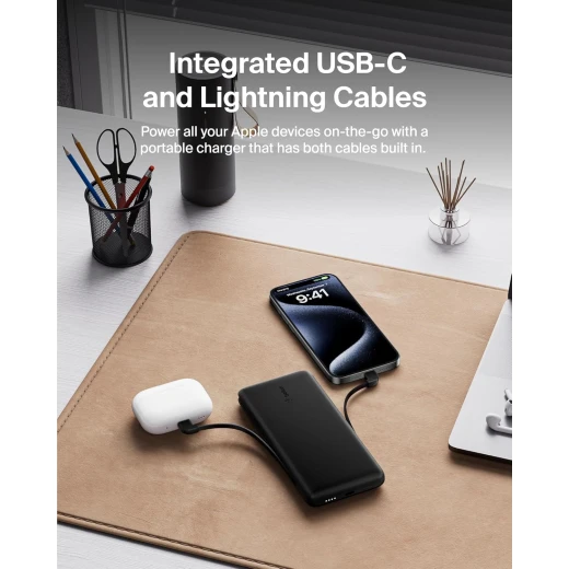 شاحن بيلكين محمول 10000 مللي أمبير في الساعة مع كابلات Lightning و USB-C - أسود - بيلكين - Image 5