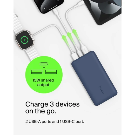 Belkin BoostCharge 3-Port 10K Power Bank with USB-C 15W, dual USB-A, 15cm USB-A to USB-C Cable, Blue - Belkin - Image 9
