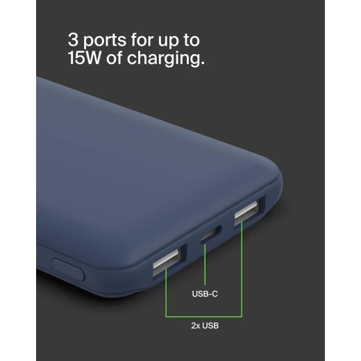 Belkin BoostCharge 3-Port 10K Power Bank with USB-C 15W, dual USB-A, 15cm USB-A to USB-C Cable, Blue - Belkin - Image 2