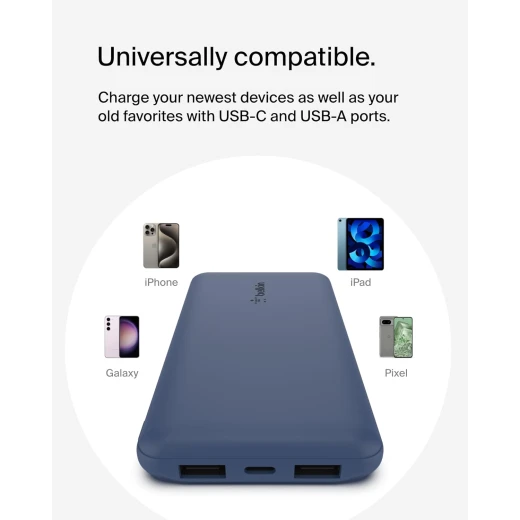 Belkin BoostCharge 3-Port 10K Power Bank with USB-C 15W, dual USB-A, 15cm USB-A to USB-C Cable, Blue - Belkin - Image 3