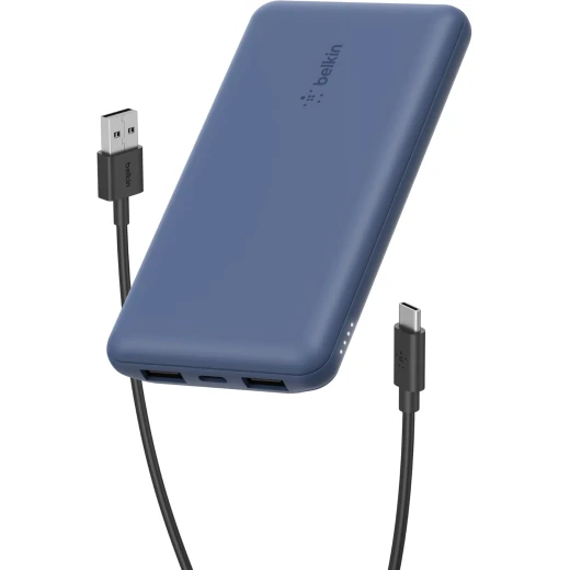 Belkin BoostCharge 3-Port 10K Power Bank with USB-C 15W, dual USB-A, 15cm USB-A to USB-C Cable, Blue Belkin BoostCharge 3-Port 10K Power Bank with USB-C 15W, dual USB-A, 15cm USB-A to USB-C Cable, Blue