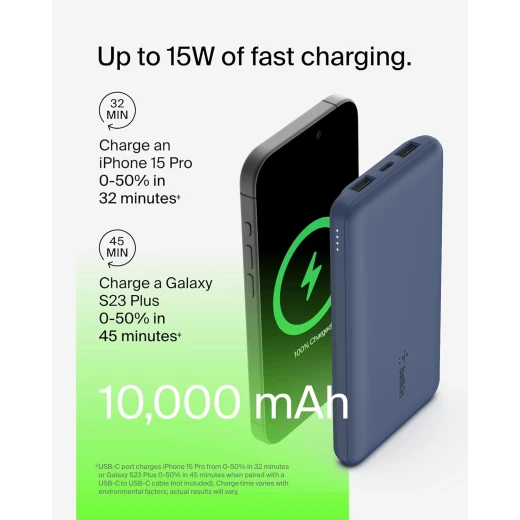 Belkin BoostCharge 3-Port 10K Power Bank with USB-C 15W, dual USB-A, 15cm USB-A to USB-C Cable, Blue - Belkin - Image 5