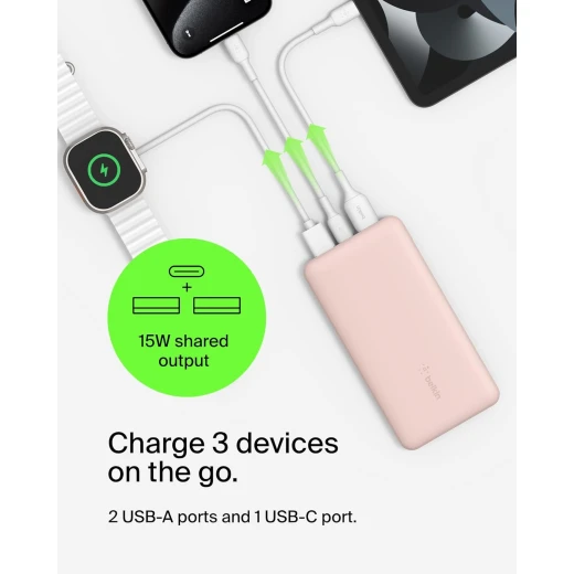 Belkin BoostCharge 3-Port 10K Power Bank with USB-C 15W, dual USB-A, 15cm USB-A to USB-C Cable, Pink - Belkin - Image 9