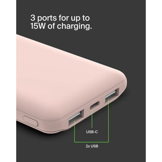Belkin BoostCharge 3-Port 10K Power Bank with USB-C 15W, dual USB-A, 15cm USB-A to USB-C Cable, Pink - Belkin - Image 2