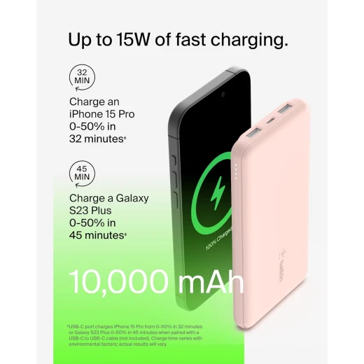 Belkin BoostCharge 3-Port 10K Power Bank with USB-C 15W, dual USB-A, 15cm USB-A to USB-C Cable, Pink - Belkin - Image 4