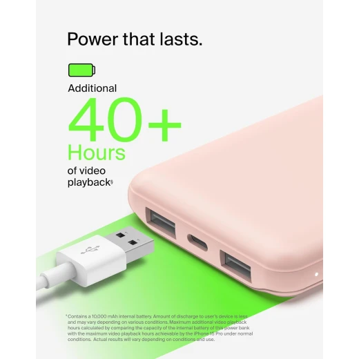 Belkin BoostCharge 3-Port 10K Power Bank with USB-C 15W, dual USB-A, 15cm USB-A to USB-C Cable, Pink - Belkin - Image 5